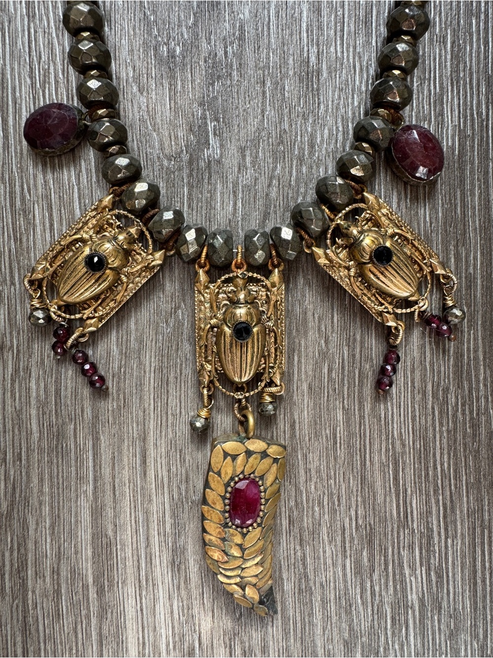 Antique Inspired Scarab Statement Necklace with Red Ruby Gems